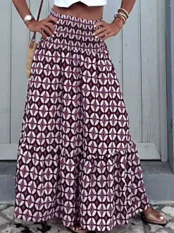 Jupe longue maxi bohème à imprimé géométrique taille haute smockée et volants
