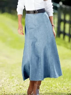 Jupe longue maxi en denim style western pour femme - Jupe longue bohème trapèze taille haute - Vêtement décontracté toutes saisons 2026