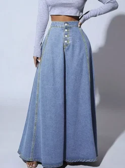 Jupe longue maxi en jean à empiècements taille haute pour femme - Jupe longue évasée bleue style bohème avec boutons - Collection printemps-été 2026