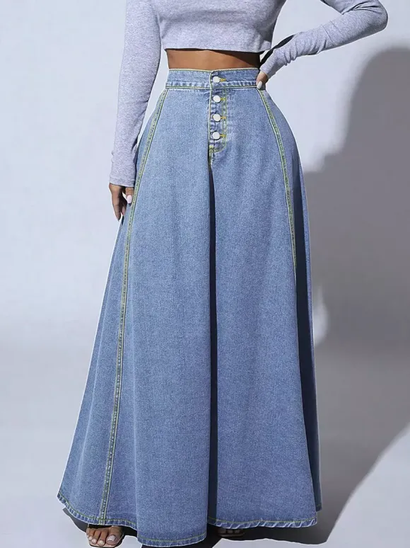 Jupe longue maxi en jean à empiècements taille haute pour femme - Jupe longue évasée bleue style bohème avec boutons - Collection printemps-été 2026