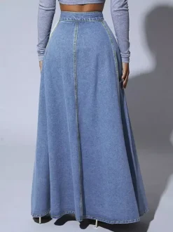 Jupe longue maxi en jean à empiècements taille haute pour femme - Jupe longue évasée bleue style bohème avec boutons - Collection printemps-été 2026