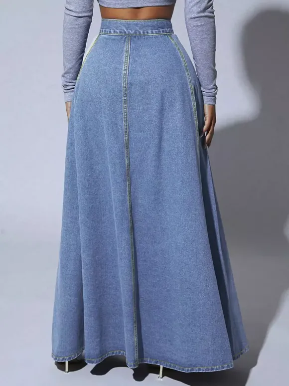 Jupe longue maxi en jean à empiècements taille haute pour femme - Jupe longue évasée bleue style bohème avec boutons - Collection printemps-été 2026