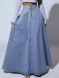 Jupe longue maxi en jean à empiècements taille haute pour femme - Jupe longue évasée bleue style bohème avec boutons - Collection printemps-été 2026