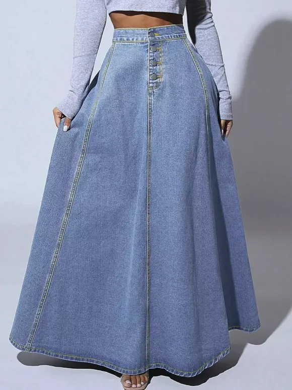 Jupe longue maxi en jean à empiècements taille haute pour femme - Jupe longue évasée bleue style bohème avec boutons - Collection printemps-été 2026