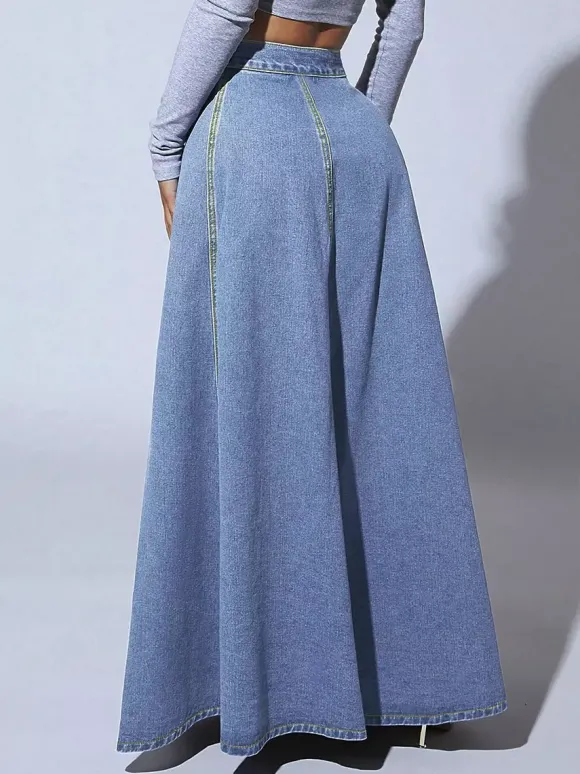 Jupe longue maxi en jean à empiècements taille haute pour femme - Jupe longue évasée bleue style bohème avec boutons - Collection printemps-été 2026