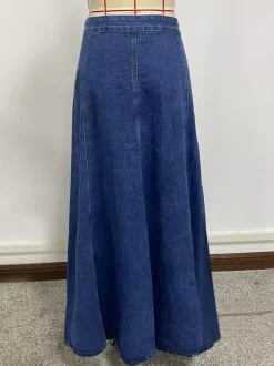 Jupe longue maxi en jean à empiècements taille haute pour femme - Jupe longue évasée bleue style bohème avec boutons - Collection printemps-été 2026