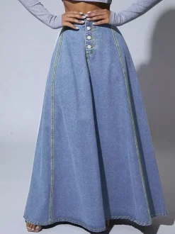 Jupe longue maxi en jean à empiècements taille haute pour femme - Jupe longue évasée bleue style bohème avec boutons - Collection printemps-été 2026