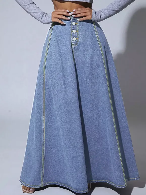 Jupe longue maxi en jean à empiècements taille haute pour femme - Jupe longue évasée bleue style bohème avec boutons - Collection printemps-été 2026