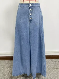 Jupe longue maxi en jean à empiècements taille haute pour femme - Jupe longue évasée bleue style bohème avec boutons - Collection printemps-été 2026