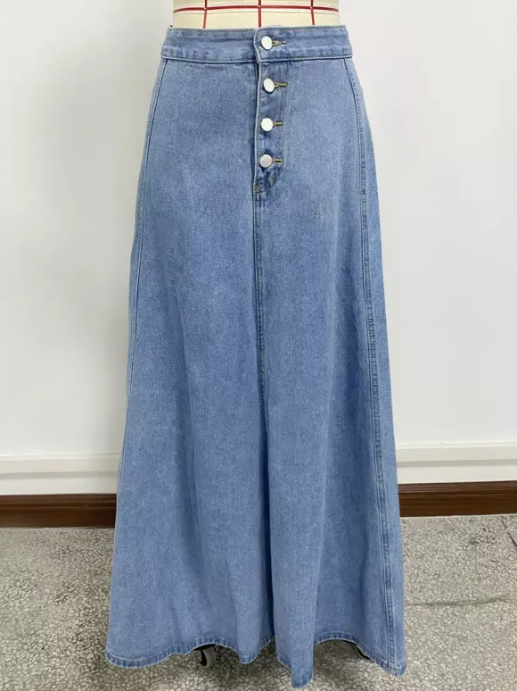Jupe longue maxi en jean à empiècements taille haute pour femme - Jupe longue évasée bleue style bohème avec boutons - Collection printemps-été 2026
