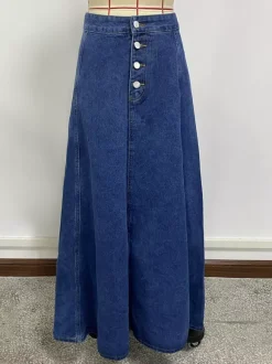 Jupe longue maxi en jean à empiècements taille haute pour femme - Jupe longue évasée bleue style bohème avec boutons - Collection printemps-été 2026