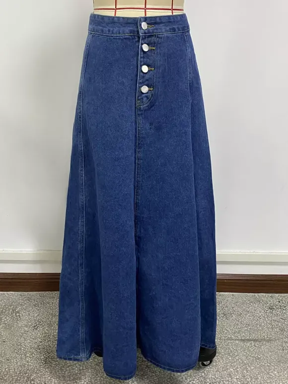 Jupe longue maxi en jean à empiècements taille haute pour femme - Jupe longue évasée bleue style bohème avec boutons - Collection printemps-été 2026