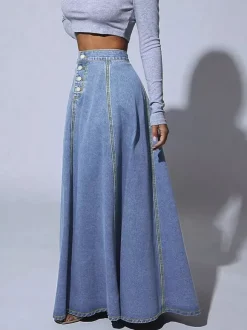 Jupe longue maxi en jean à empiècements taille haute pour femme - Jupe longue évasée bleue style bohème avec boutons - Collection printemps-été 2026