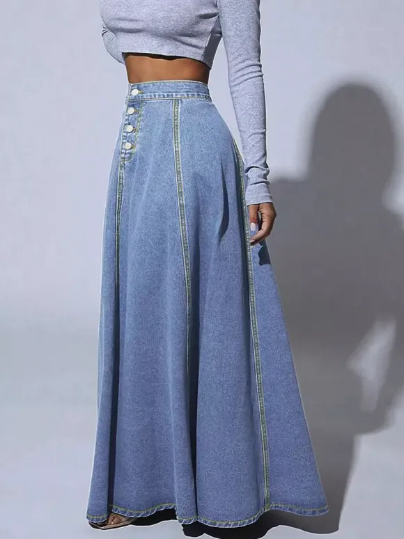 Jupe longue maxi en jean à empiècements taille haute pour femme - Jupe longue évasée bleue style bohème avec boutons - Collection printemps-été 2026