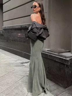 Jupe longue sirène moulante taille haute en faux daim extensible