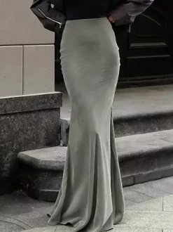 Jupe longue sirène moulante taille haute en faux daim extensible