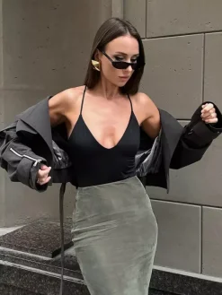 Jupe longue sirène moulante taille haute en faux daim extensible