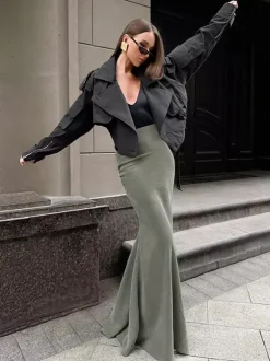 Jupe longue sirène moulante taille haute en faux daim extensible