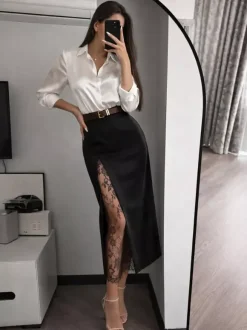Jupe midi droite taille haute fendue sur le devant en dentelle