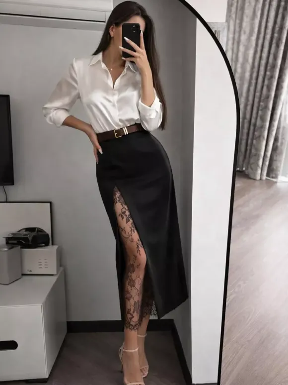 Jupe midi droite taille haute fendue sur le devant en dentelle