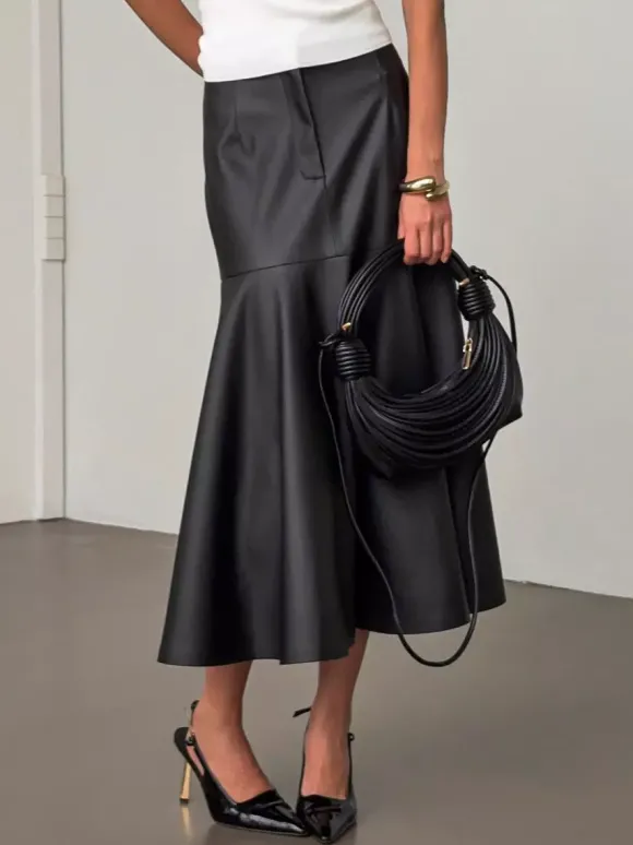 Jupe midi élégante en similicuir à taille haute et ourlet sirène pour femme 2026