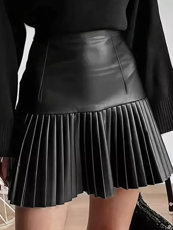 Jupe mini évasée à taille haute en similicuir plissée accordéon pour femme 2026