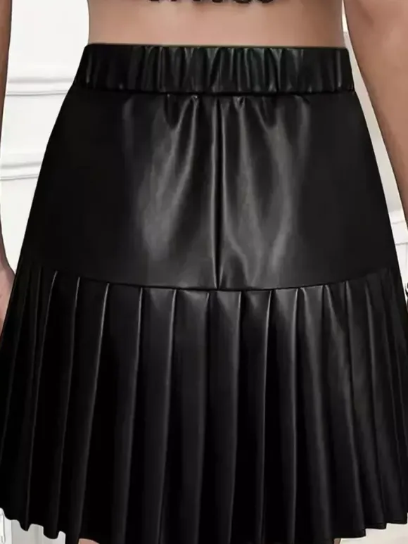 Jupe mini évasée à taille haute en similicuir plissée accordéon pour femme 2026
