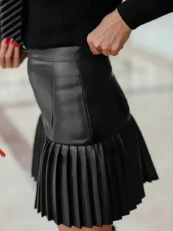 Jupe mini évasée à taille haute en similicuir plissée accordéon pour femme 2026