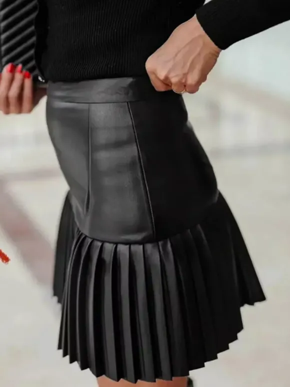 Jupe mini évasée à taille haute en similicuir plissée accordéon pour femme 2026