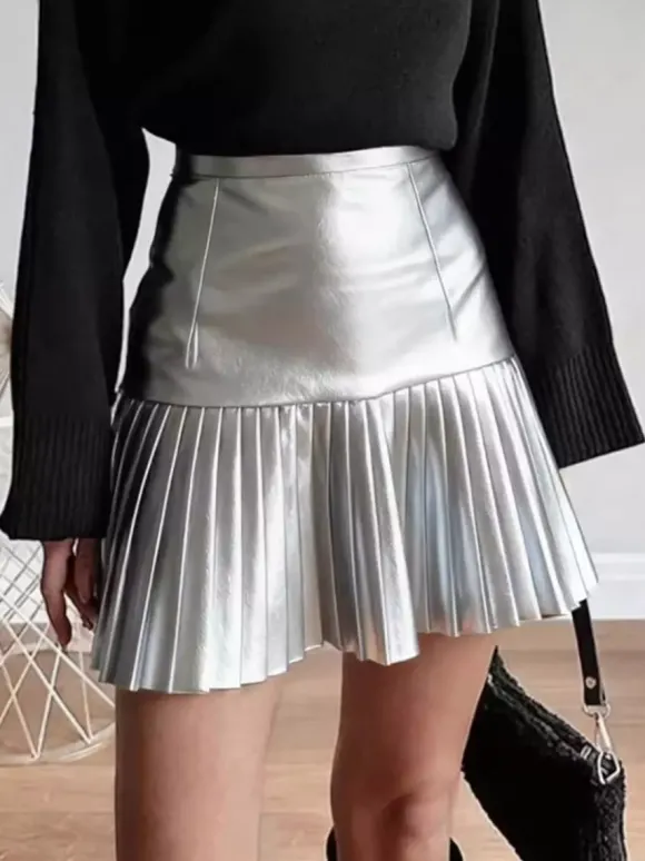 Jupe mini évasée à taille haute en similicuir plissée accordéon pour femme 2026