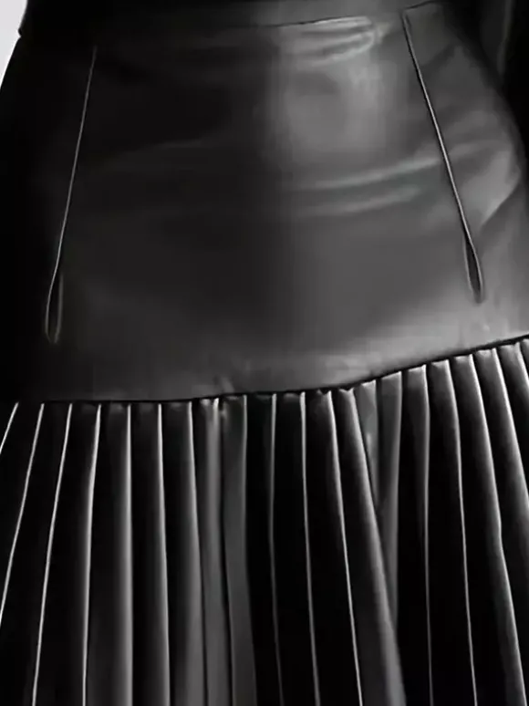 Jupe mini évasée à taille haute en similicuir plissée accordéon pour femme 2026