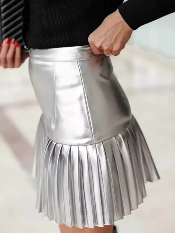 Jupe mini évasée à taille haute en similicuir plissée accordéon pour femme 2026