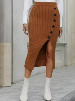 Jupes Camel Acrylique Taille Haute Chic Fendue Automne Longueur Mi-mollet Bas Femme