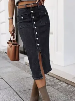 Jupes en denim gris style décontracté d'été longueur mi-mollet bas pour femmes