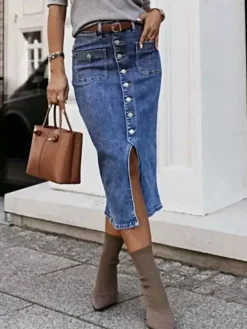 Jupes en denim gris style décontracté d'été longueur mi-mollet bas pour femmes