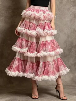 Jupes longues d'hiver à carreaux taille haute motif rose pour femmes
