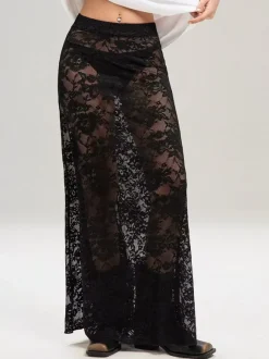 Jupes longues en dentelle noire taille haute sexy et transparentes pour femmes