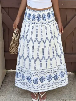 Jupes bleues taille naturelle style bohème longues jupes d'été pour femmes