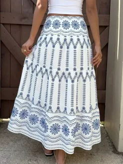 Jupes bleues taille naturelle style bohème longues jupes d'été pour femmes