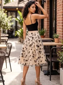 Jupes à imprimé floral taille haute coupe trapèze longueur mi-mollet bas pour femmes
