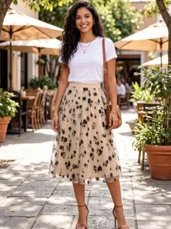 Jupes à imprimé floral taille haute coupe trapèze longueur mi-mollet bas pour femmes