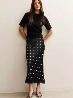 Jupe sirène midi taille haute à pois et bordure en dentelle pour femme 2026