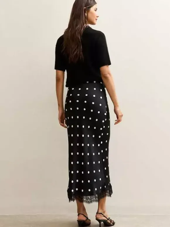 Jupe sirène midi taille haute à pois et bordure en dentelle pour femme 2026
