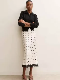 Jupe sirène midi taille haute à pois et bordure en dentelle pour femme 2026