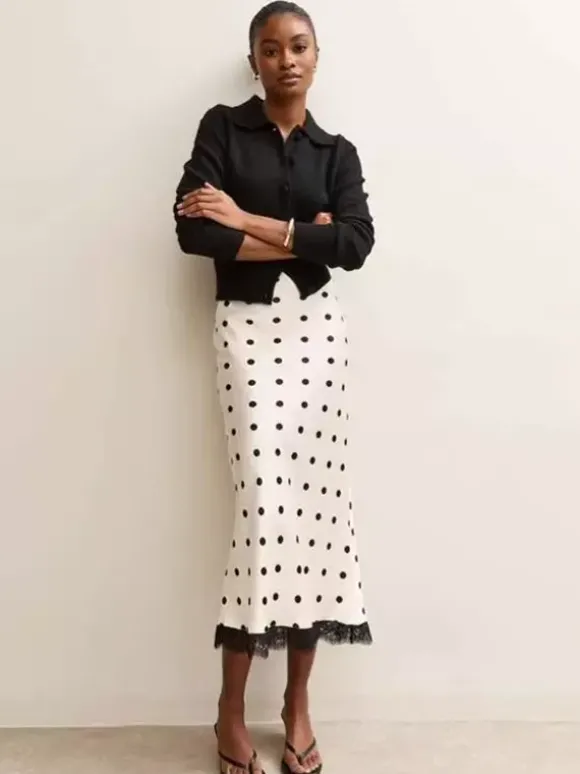 Jupe sirène midi taille haute à pois et bordure en dentelle pour femme 2026