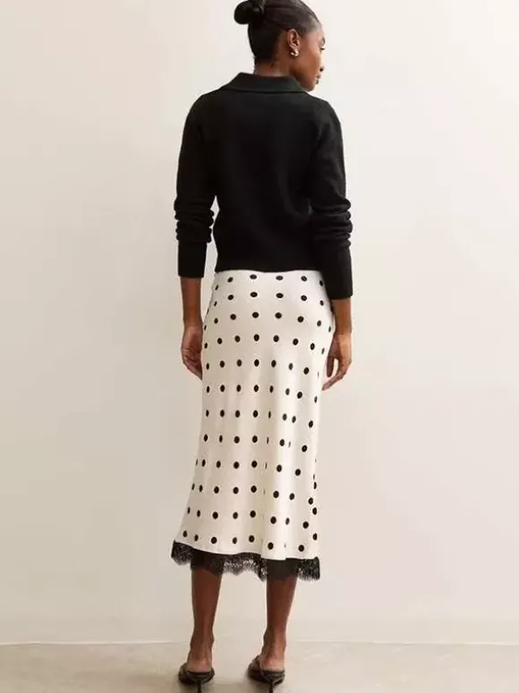 Jupe sirène midi taille haute à pois et bordure en dentelle pour femme 2026