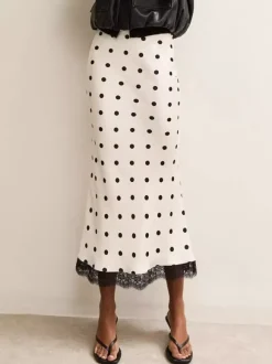 Jupe sirène midi taille haute à pois et bordure en dentelle pour femme 2026