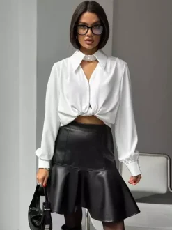 Jupe sirène mini taille haute en similicuir à ourlet volanté pour femme 2026