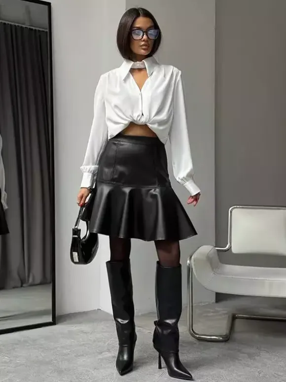 Jupe sirène mini taille haute en similicuir à ourlet volanté pour femme 2026