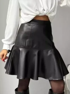 Jupe sirène mini taille haute en similicuir à ourlet volanté pour femme 2026